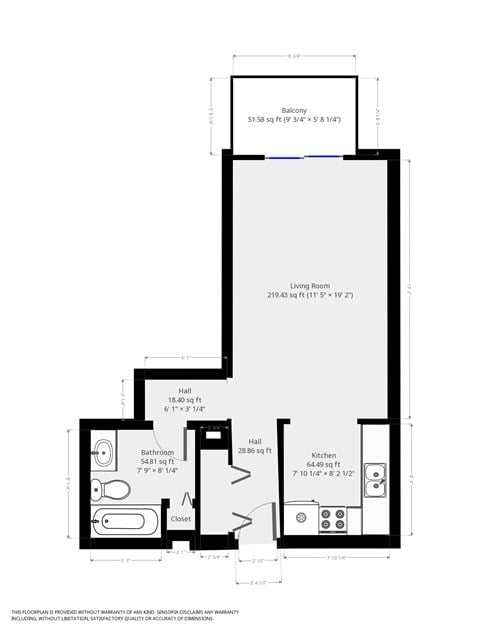 Floor plan for studio, 1 bath, 430 sqft